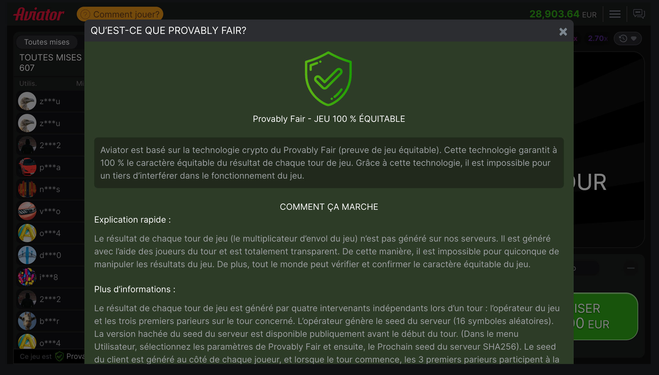 Provably Fair sur le jeu Aviator