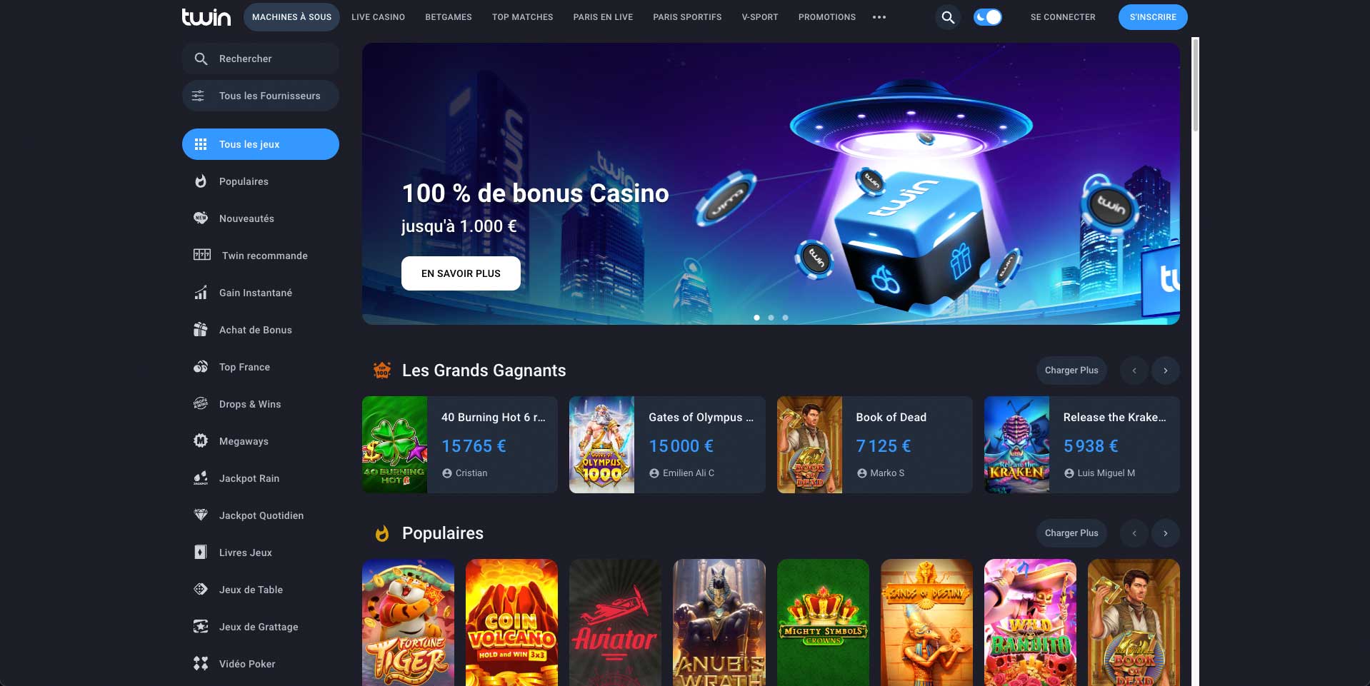 bonus de bienvenue sur le casino en ligne Twin